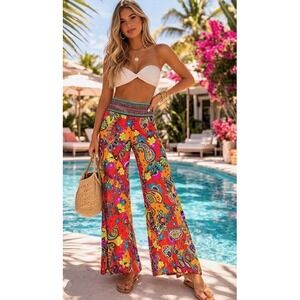 Trina Turk Womens Multicolor Paisley Floral Wide Leg Foldover Waist Pants Size M
